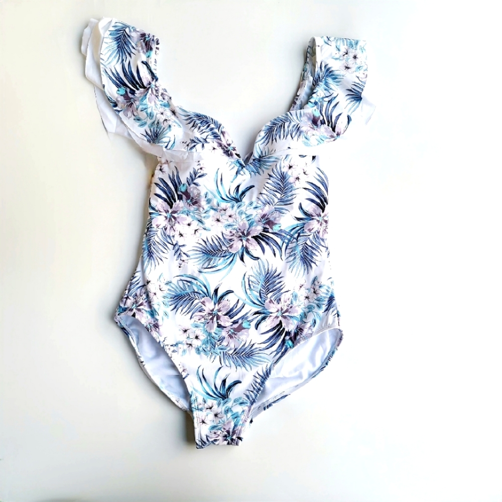 Women's Off- the-Shoulder One Piece Boho Floral Tropical Print Swimsuit  Small 6